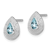 Sterling Silver 925 Aquamarine & Diamond Button Earrings Polished Bezel Set